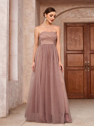 Elegant & Romantic Strapless Lace Overlay Dress With Mesh Skirt, Bridesmaid Dress