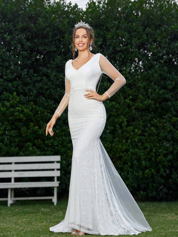 Mermaid Style Wedding Dress With V-Neck Lace Fabric Support Wedding Events Suitable Wedding Season Mother's Day Music Festival Back To School Season Graduation Season Occasion Women's Formal Dream Wedding Dress