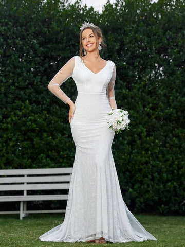 Mermaid Style Wedding Dress With V-Neck Lace Fabric Support Wedding Events Suitable Wedding Season Mother's Day Music Festival Back To School Season Graduation Season Occasion Women's Formal Dream Wedding Dress