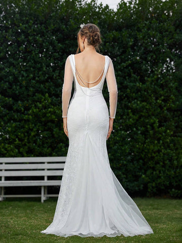 Mermaid Style Wedding Dress With V-Neck Lace Fabric Support Wedding Events Suitable Wedding Season Mother's Day Music Festival Back To School Season Graduation Season Occasion Women's Formal Dream Wedding Dress