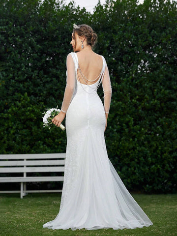 Mermaid Style Wedding Dress With V-Neck Lace Fabric Support Wedding Events Suitable Wedding Season Mother's Day Music Festival Back To School Season Graduation Season Occasion Women's Formal Dream Wedding Dress