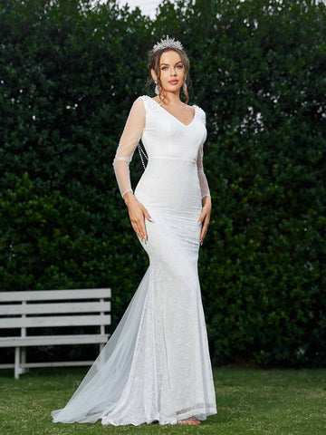 Mermaid Style Wedding Dress With V-Neck Lace Fabric Support Wedding Events Suitable Wedding Season Mother's Day Music Festival Back To School Season Graduation Season Occasion Women's Formal Dream Wedding Dress