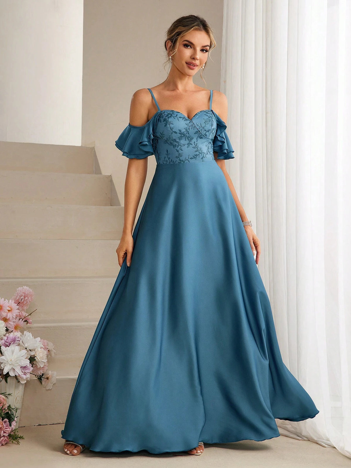 Embroidered Detail Off-The-Shoulder Neckline Bridesmaid Dress