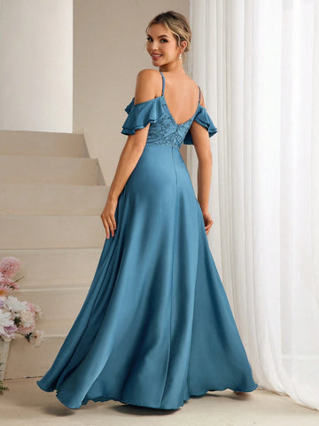 Embroidered Detail Off-The-Shoulder Neckline Bridesmaid Dress