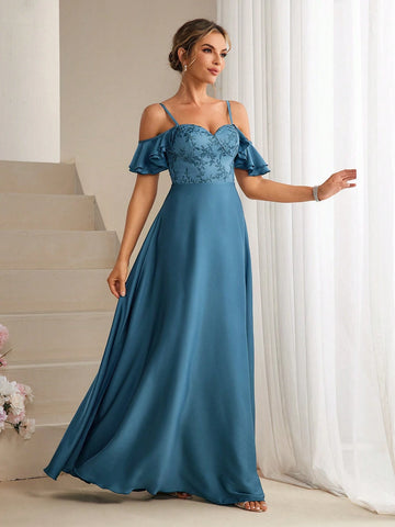 Embroidered Detail Off-The-Shoulder Neckline Bridesmaid Dress