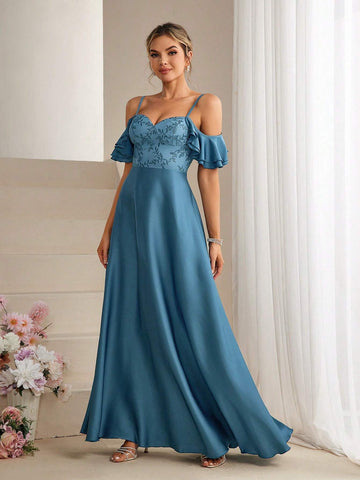 Embroidered Detail Off-The-Shoulder Neckline Bridesmaid Dress