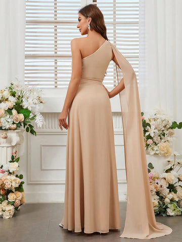 Embroidery Sticker Detail, Single Shoulder, Extra Long Cape Sleeve, High Front Slit, Bridesmaid Dress Wi