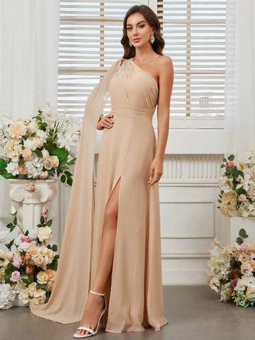 Embroidery Sticker Detail, Single Shoulder, Extra Long Cape Sleeve, High Front Slit, Bridesmaid Dress Wi