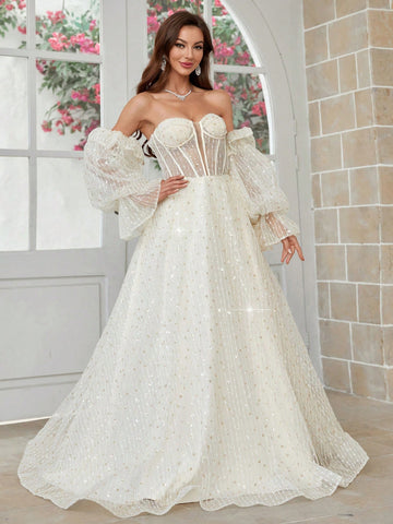Exaggerated Lantern Sleeve, 3d Flower Net Yarn, Chest Cup Detail Wedding Dress