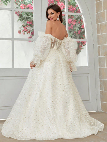 Exaggerated Lantern Sleeve, 3d Flower Net Yarn, Chest Cup Detail Wedding Dress
