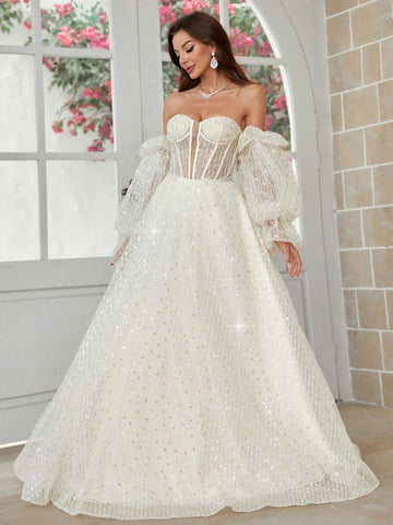 Exaggerated Lantern Sleeve, 3d Flower Net Yarn, Chest Cup Detail Wedding Dress