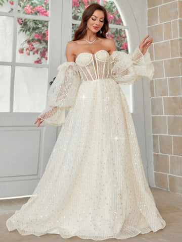 Exaggerated Lantern Sleeve, 3d Flower Net Yarn, Chest Cup Detail Wedding Dress