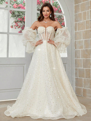 Exaggerated Lantern Sleeve, 3d Flower Net Yarn, Chest Cup Detail Wedding Dress
