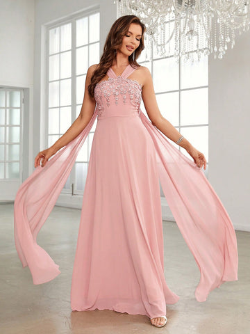 Floral Applique Chiffon Bridesmaid Dress