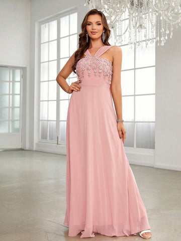 Floral Applique Chiffon Bridesmaid Dress
