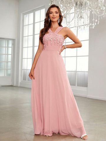 Floral Applique Chiffon Bridesmaid Dress