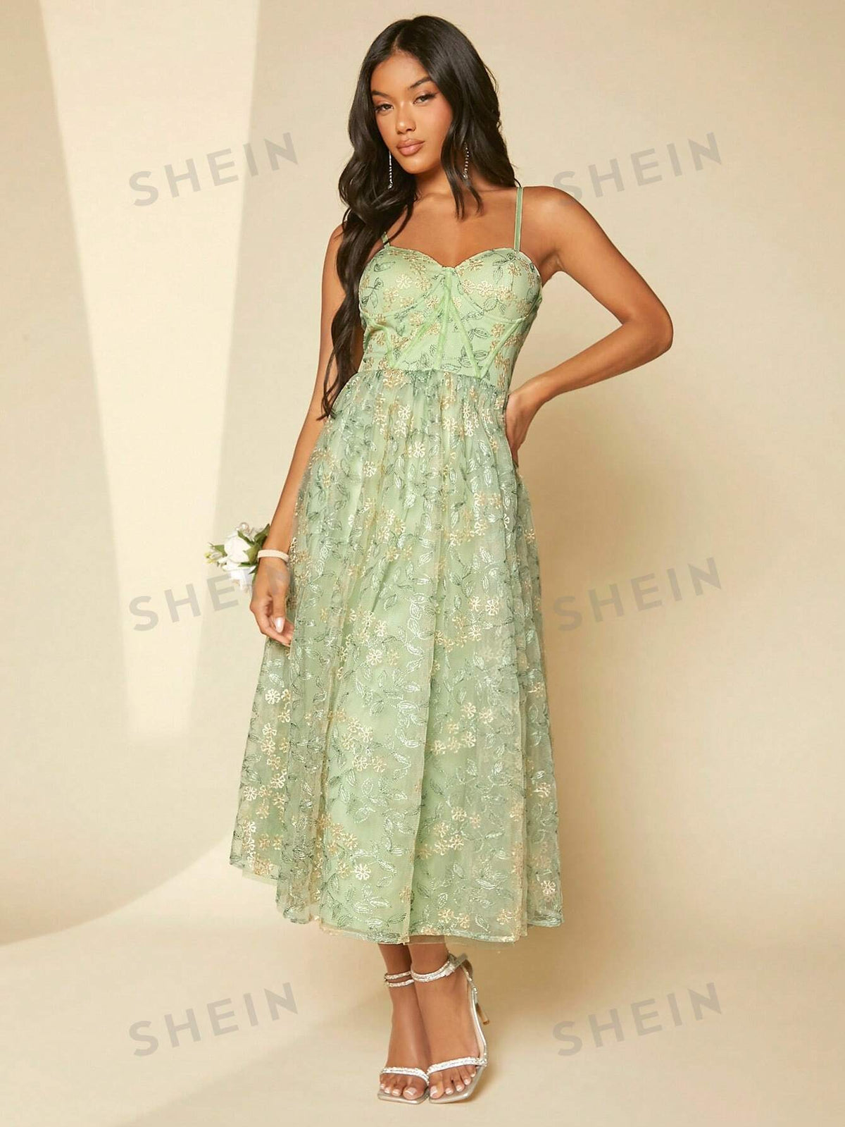 Floral Embroidery Mesh Cami Bridesmaid Dress