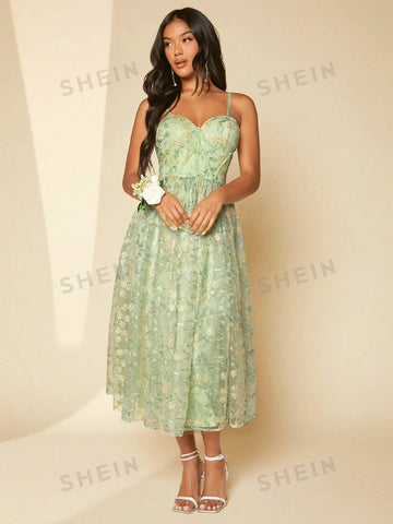 Floral Embroidery Mesh Cami Bridesmaid Dress