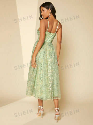 Floral Embroidery Mesh Cami Bridesmaid Dress