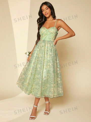 Floral Embroidery Mesh Cami Bridesmaid Dress