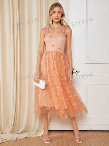 Floral Embroidery Mesh Overlay Cami Bridesmaid Dress