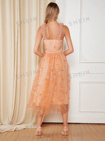 Floral Embroidery Mesh Overlay Cami Bridesmaid Dress