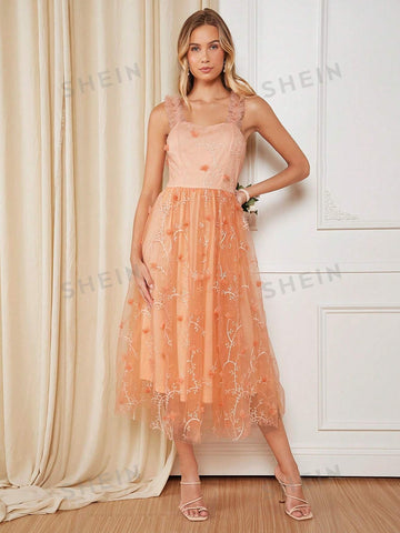 Floral Embroidery Mesh Overlay Cami Bridesmaid Dress