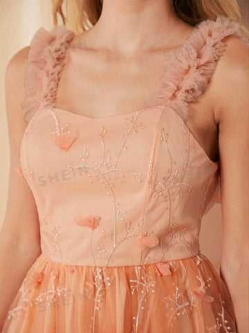 Floral Embroidery Mesh Overlay Cami Bridesmaid Dress