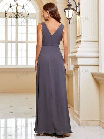 Floral Embroidery V Neck Bridesmaid Dress