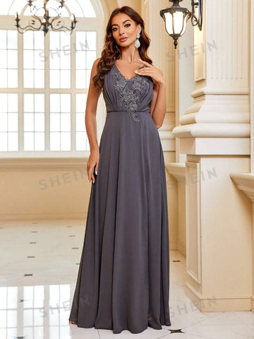 Floral Embroidery V Neck Bridesmaid Dress