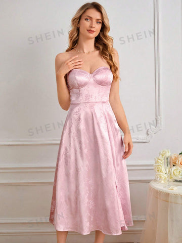 Floral Jacquard Split Thigh Bustier Tube Bridesmaid Dress