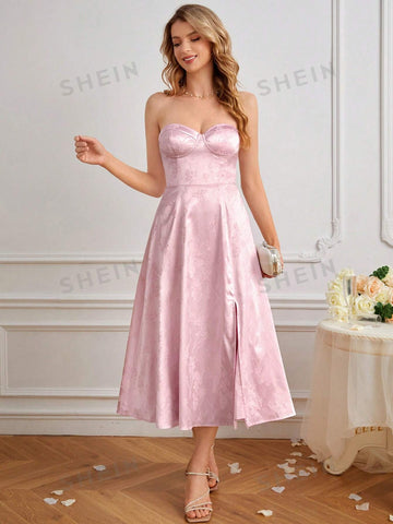 Floral Jacquard Split Thigh Bustier Tube Bridesmaid Dress