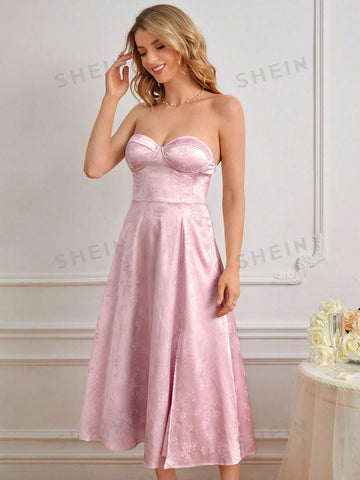 Floral Jacquard Split Thigh Bustier Tube Bridesmaid Dress