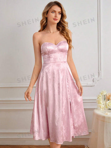 Floral Jacquard Split Thigh Bustier Tube Bridesmaid Dress