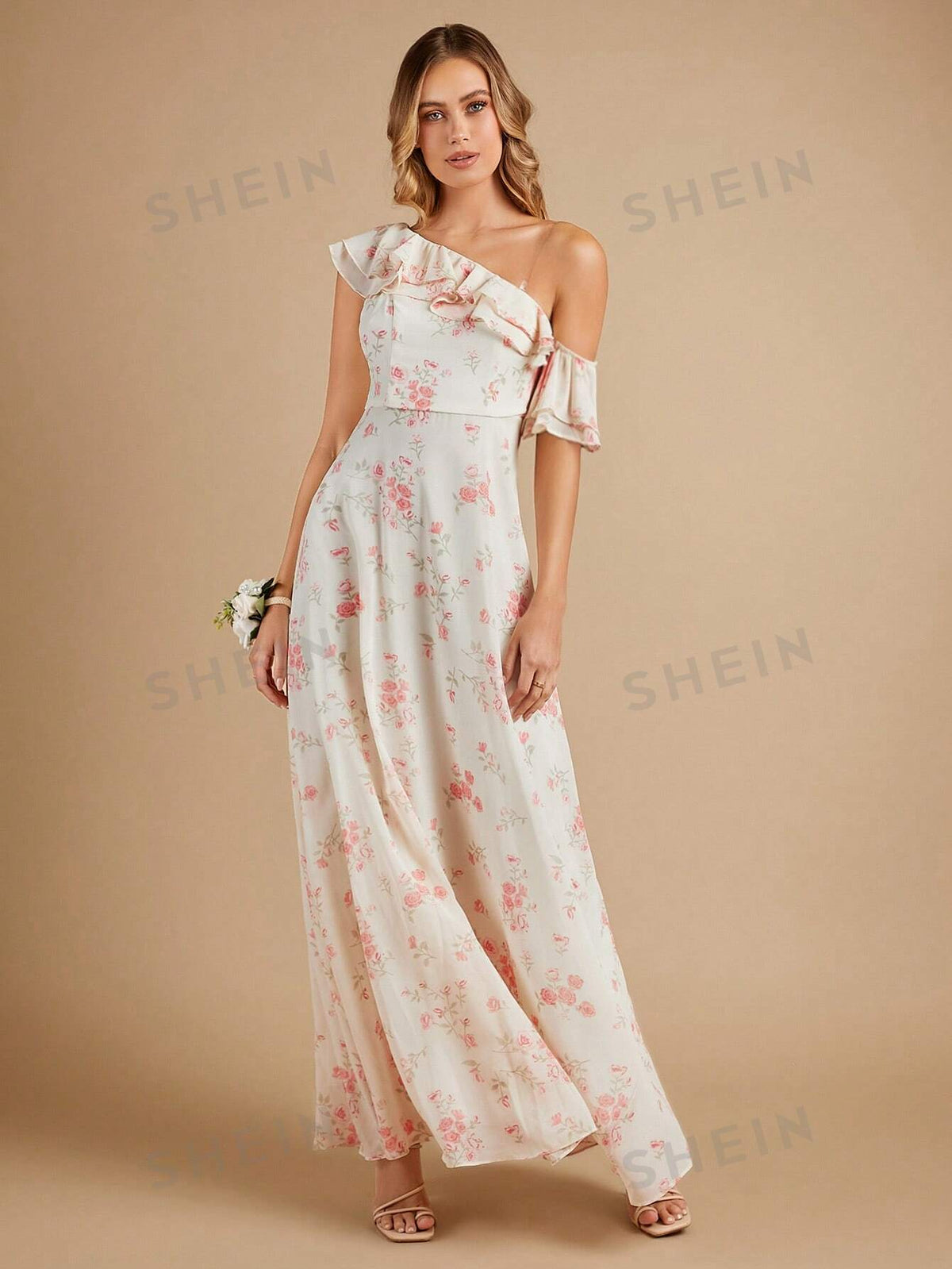 Floral Print Asymmetrical Neck Ruffle Trim Chiffon Maxi Bridesmaid Dress