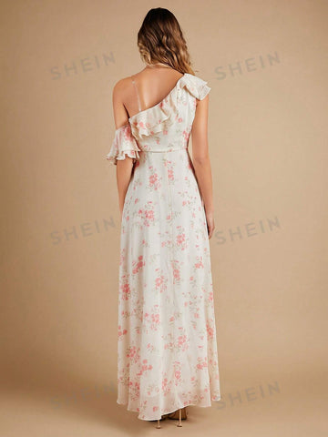 Floral Print Asymmetrical Neck Ruffle Trim Chiffon Maxi Bridesmaid Dress