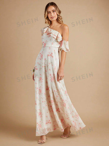 Floral Print Asymmetrical Neck Ruffle Trim Chiffon Maxi Bridesmaid Dress
