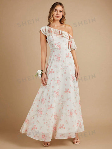Floral Print Asymmetrical Neck Ruffle Trim Chiffon Maxi Bridesmaid Dress