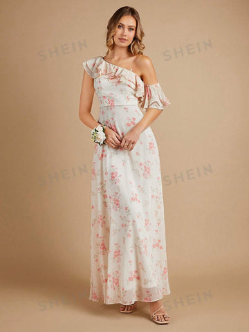 Floral Print Asymmetrical Neck Ruffle Trim Chiffon Maxi Bridesmaid Dress