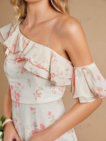 Floral Print Asymmetrical Neck Ruffle Trim Chiffon Maxi Bridesmaid Dress
