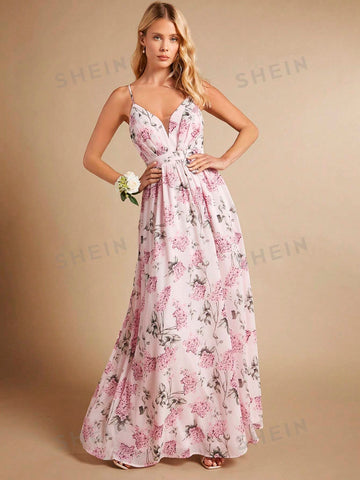 Floral Print Backless Chiffon Bridesmaid Dress
