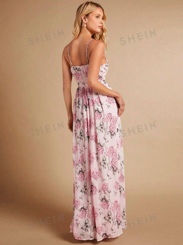 Floral Print Backless Chiffon Bridesmaid Dress