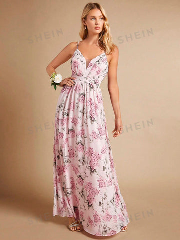 Floral Print Backless Chiffon Bridesmaid Dress