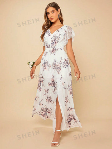 Floral Print Butterfly Sleeve Split Thigh Bridesmaid Dress