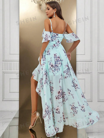 Floral Print Cold Shoulder Ruffle Trim High Low Hem Bridesmaid Dress
