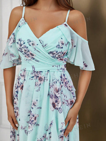 Floral Print Cold Shoulder Ruffle Trim High Low Hem Bridesmaid Dress