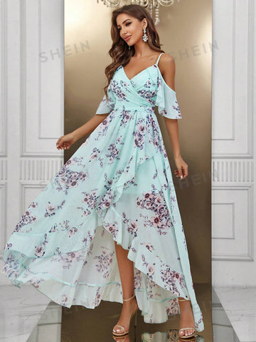 Floral Print Cold Shoulder Ruffle Trim High Low Hem Bridesmaid Dress