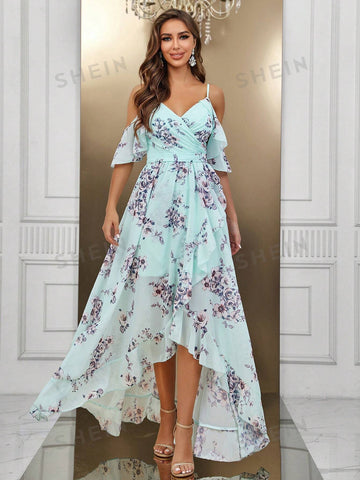 Floral Print Cold Shoulder Ruffle Trim High Low Hem Bridesmaid Dress