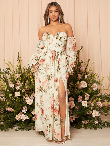 Floral Print Off Shoulder Flounce Sleeve Split Thigh Bridesmaid Dress