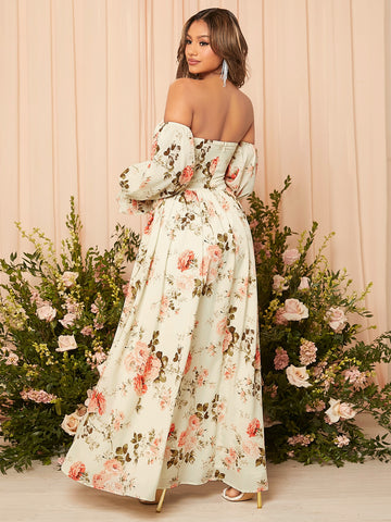 Floral Print Off Shoulder Flounce Sleeve Split Thigh Bridesmaid Dress